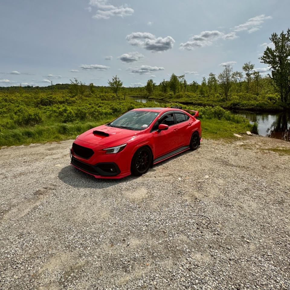 Red Subaru WRX parked by a marsh