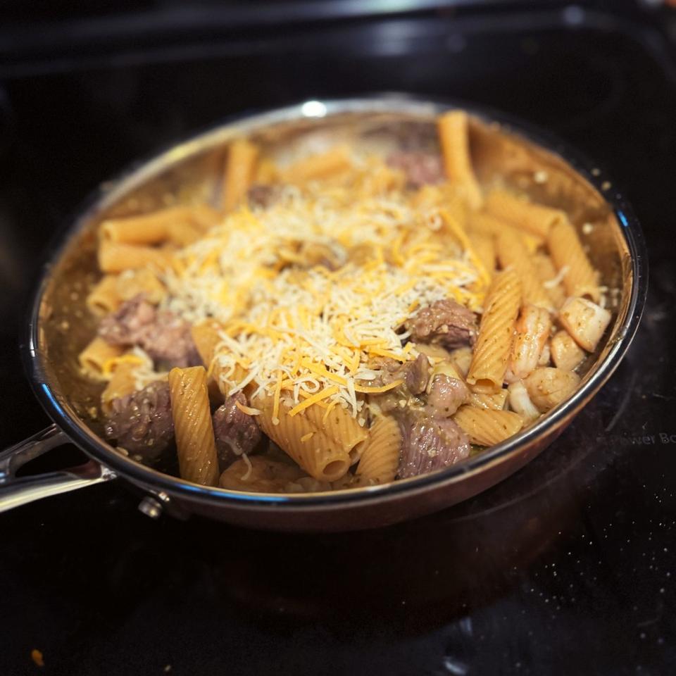 Skillet of pasta with cheese